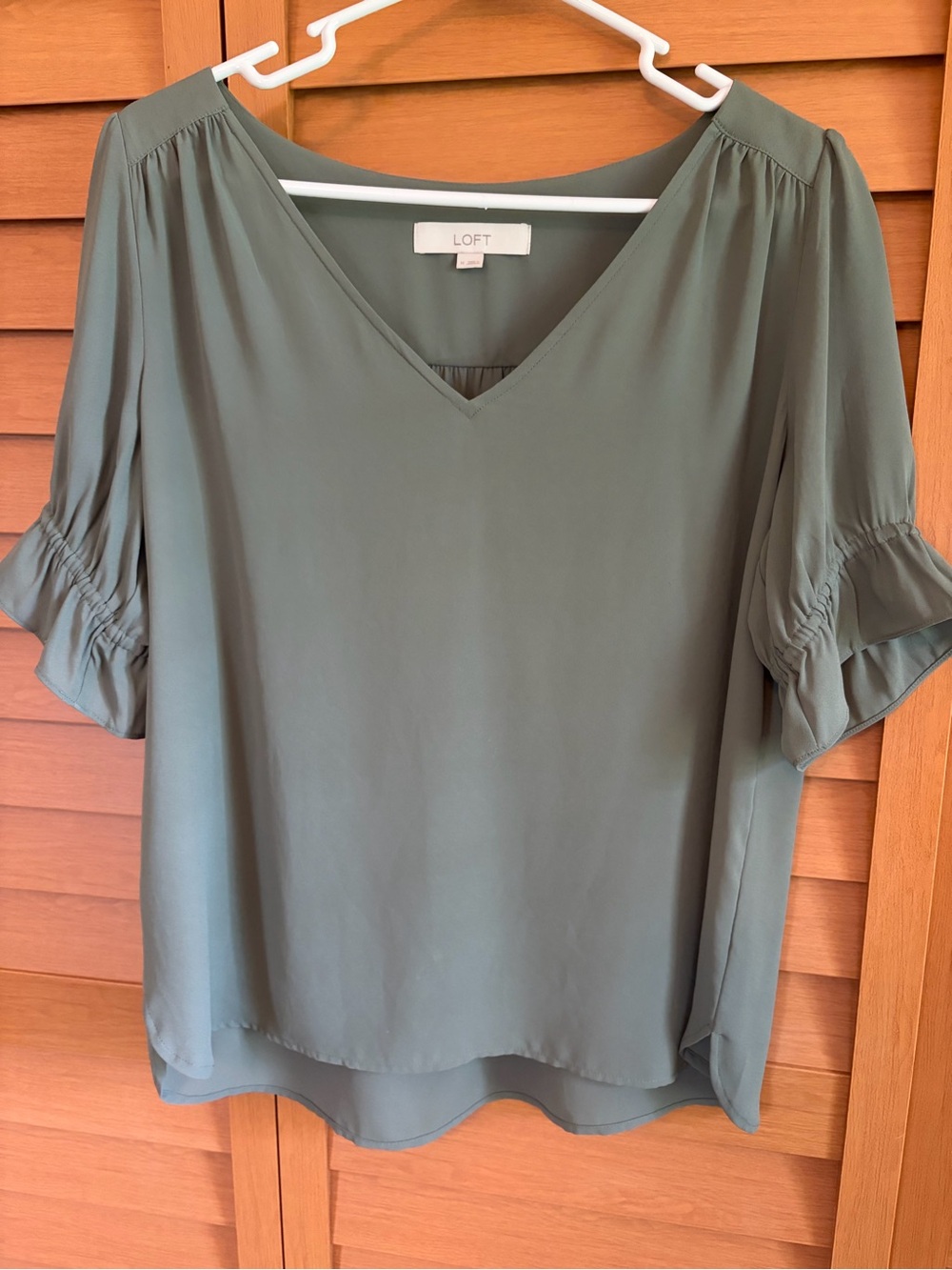 LOFT Olive V-Neck Ruffle Sleeve Blouse